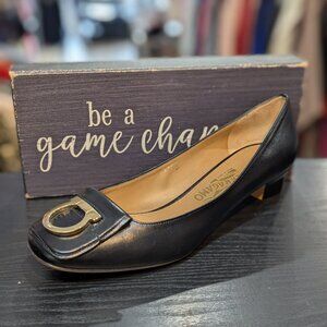 Salvatore Ferragamo Leather Gancini Buckle Pumps with Gold Buckle